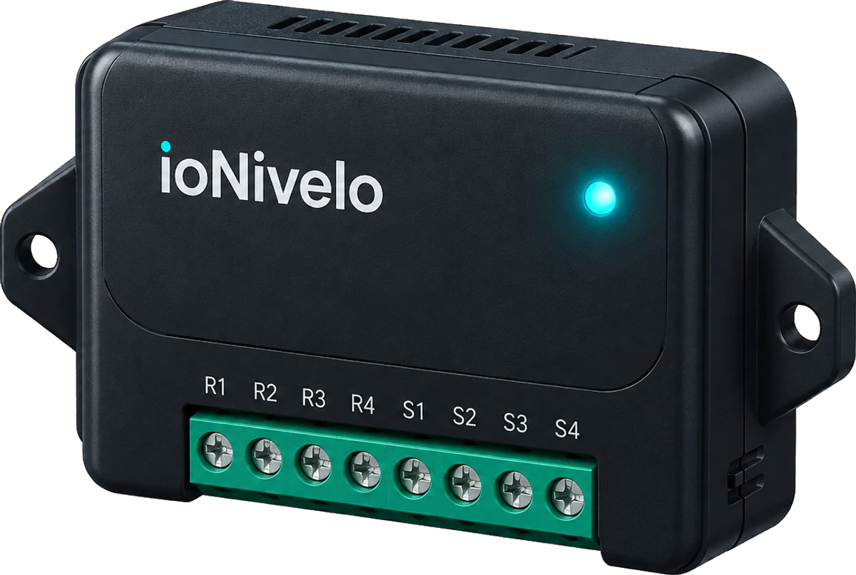 The ioNivelo module: a small black enclosure with the ioNivelo mark, a cyan status LED, and an eight-way terminal block labelled R1 to R4 and S1 to S4.